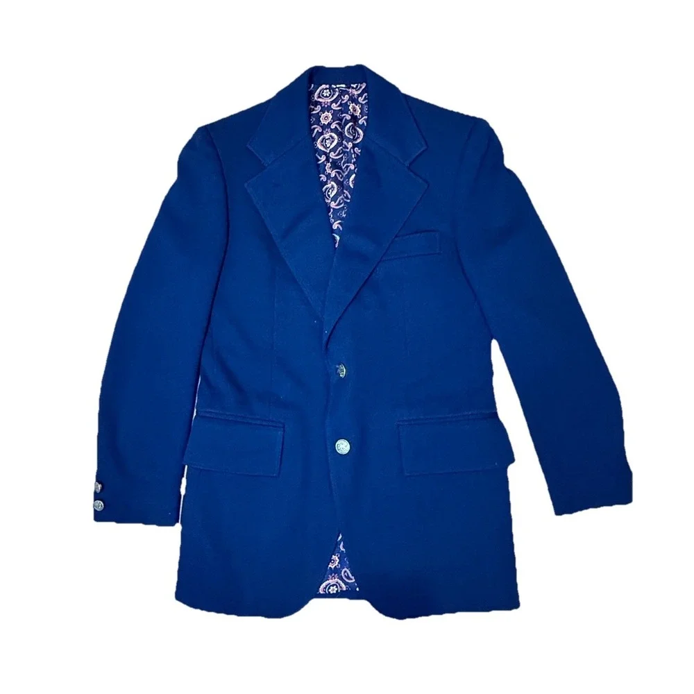 Vintage 70s Men's Polyester Navy Blue 36R Knit Blazer Jacket Textured Old Money